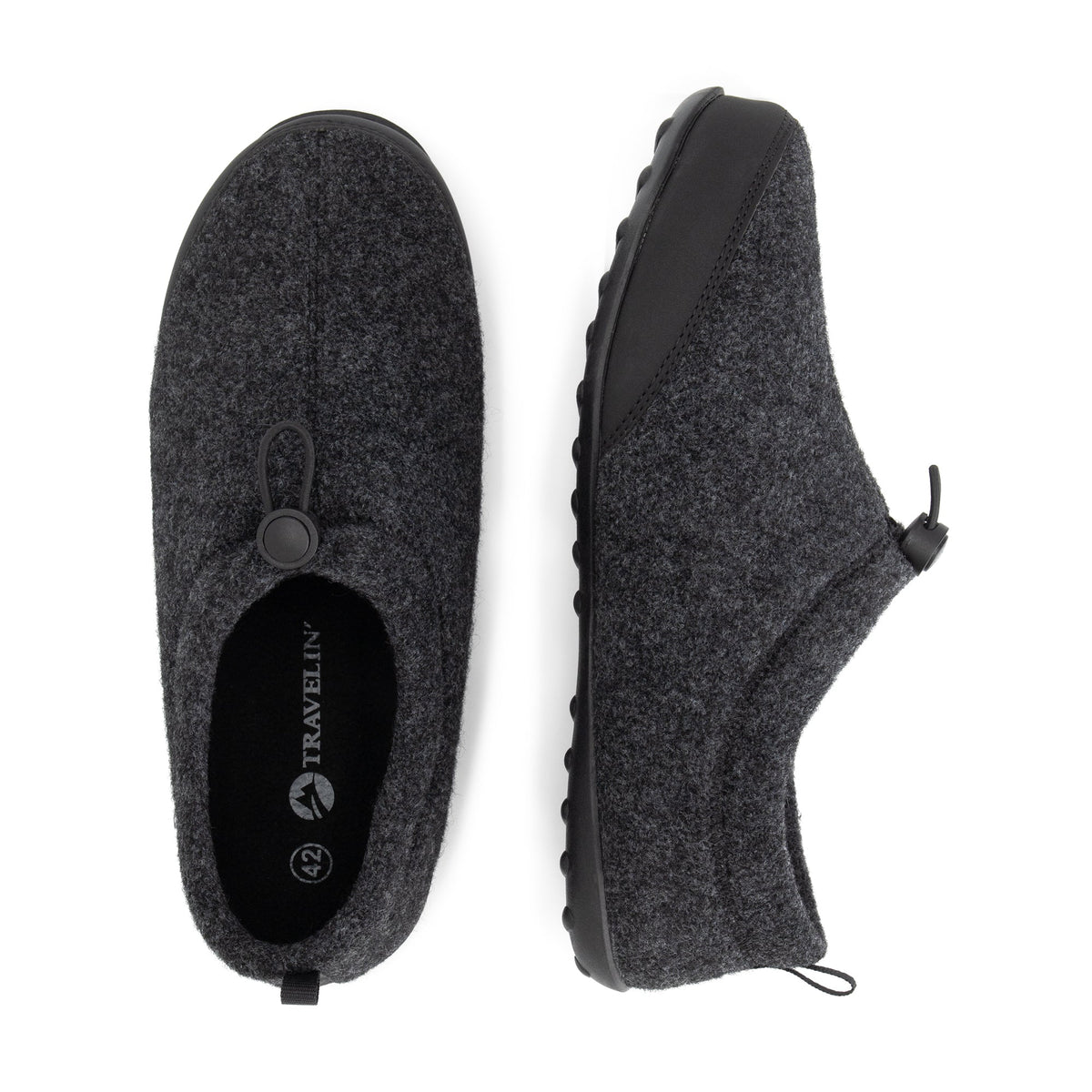 Dark grey unisex house slippers with toggle fastening and textured black soles