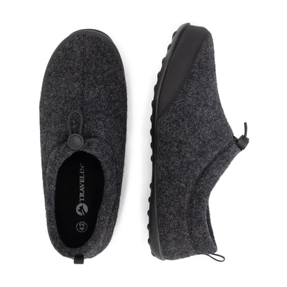 Dark grey unisex house slippers with toggle fastening and textured black soles