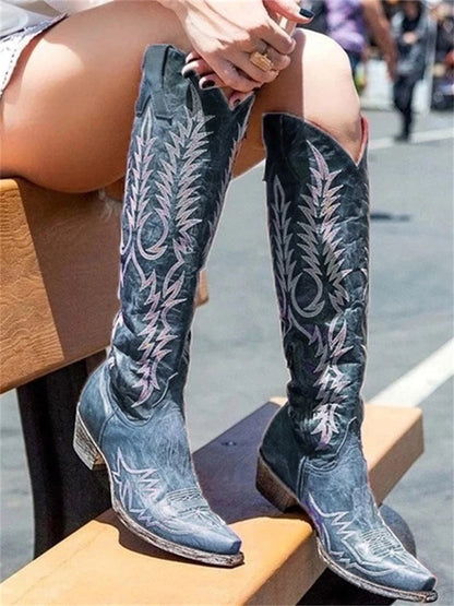 Embroidered knee-high Western cowboy boots