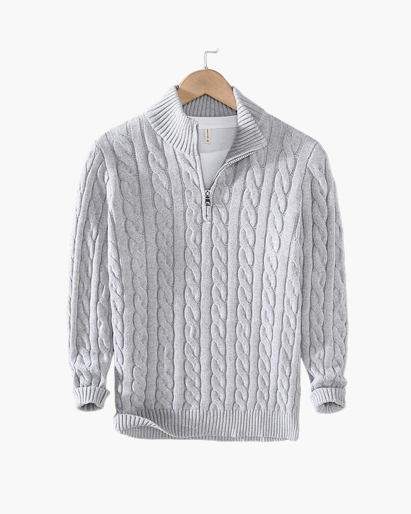 Men's cable knit quarter-zip sweaters in navy and gray