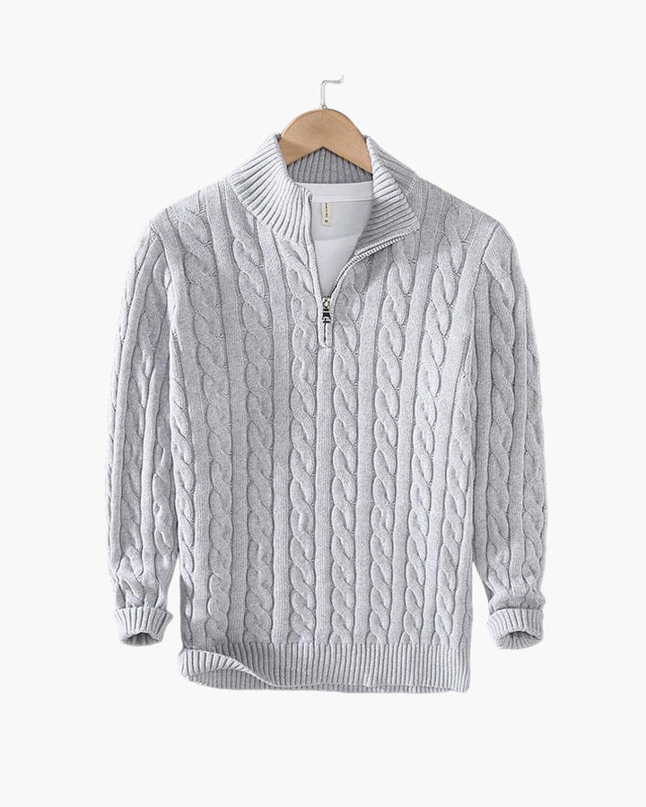 Men's cable knit quarter-zip sweaters in navy and gray