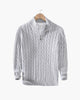 Men's cable knit quarter-zip sweaters in navy and gray