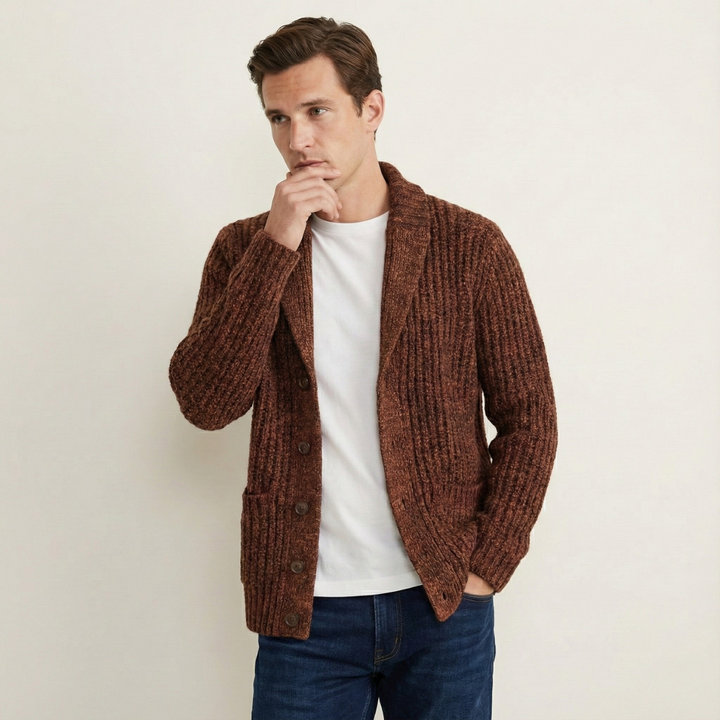 Men's chunky knit shawl collar cardigan