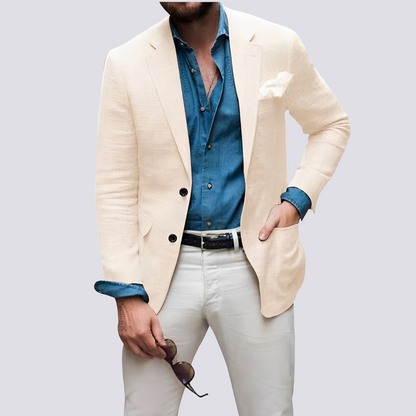 Men's button front blazer with notched lapels, long sleeves and flap pockets