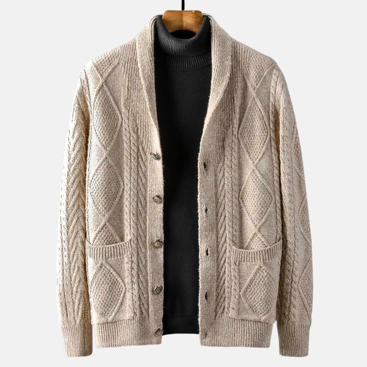 Cable knit cardigan with shawl collar, button front and patch pockets