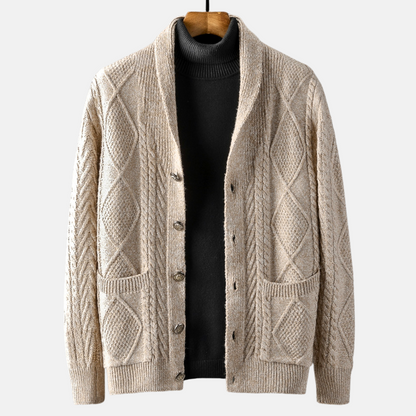 Cable knit cardigan with shawl collar, button front and patch pockets