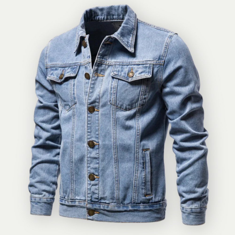 Men's long-sleeve denim trucker jacket with pointed collar, chest pockets and button front