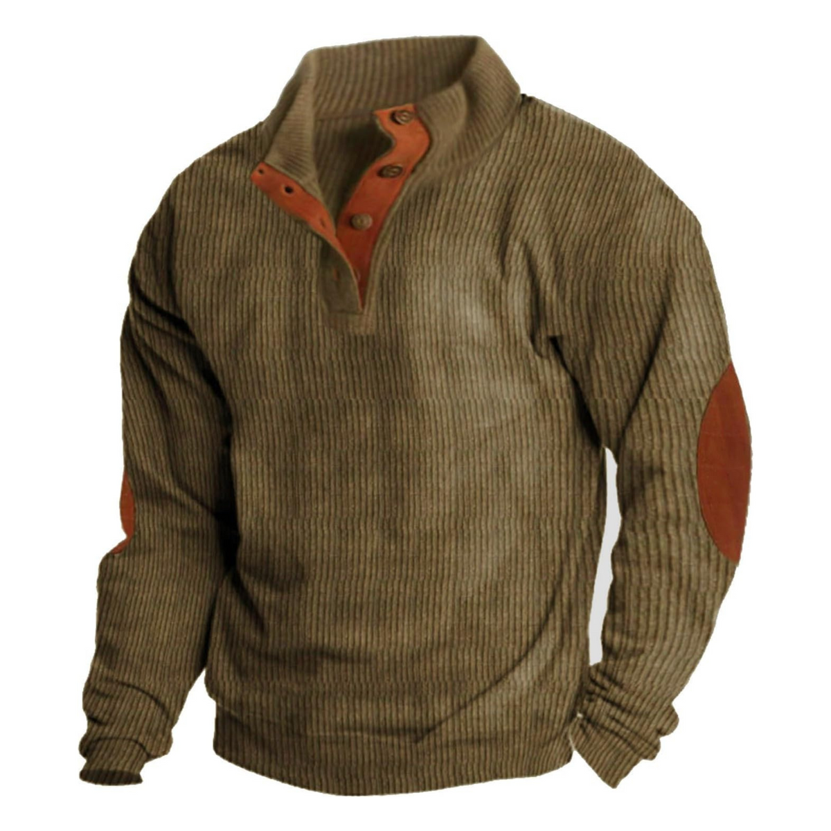 Men's ribbed jumper with stand collar, button placket and contrast elbow patches