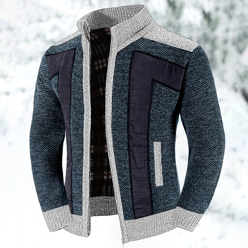 Men's textured zip jacket with stand collar, geometric panels and long sleeves