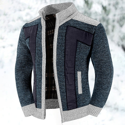 Men's textured zip jacket with stand collar, geometric panels and long sleeves