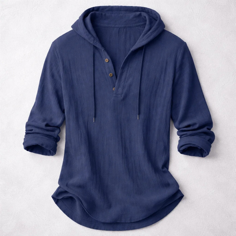 Long-sleeve hooded shirt with button placket and curved hem