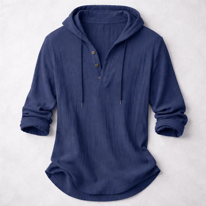 Long-sleeve hooded shirt with button placket and curved hem