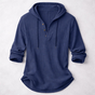 Long-sleeve hooded shirt with button placket and curved hem