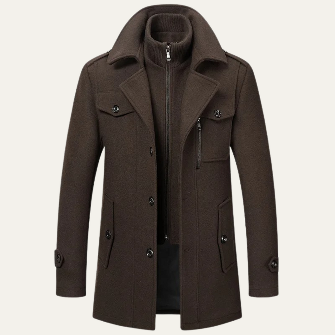 Men's long structured coat with stand collar, zip front, buttons and flap pockets