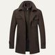 Men's long structured coat with stand collar, zip front, buttons and flap pockets