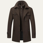 Men's long structured coat with stand collar, zip front, buttons and flap pockets