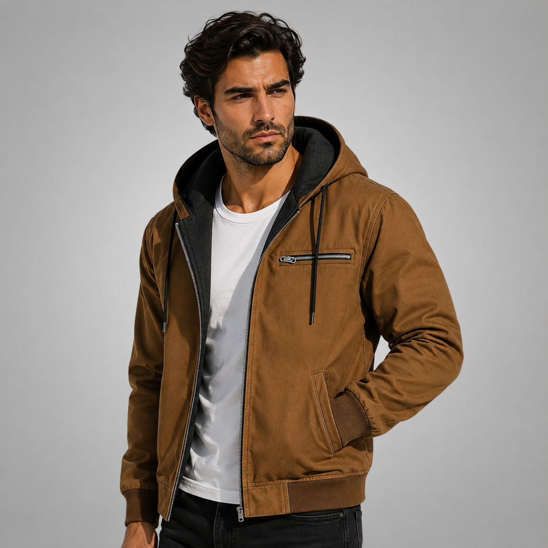 Men's hooded fleece-lined winter jacket with zip pockets