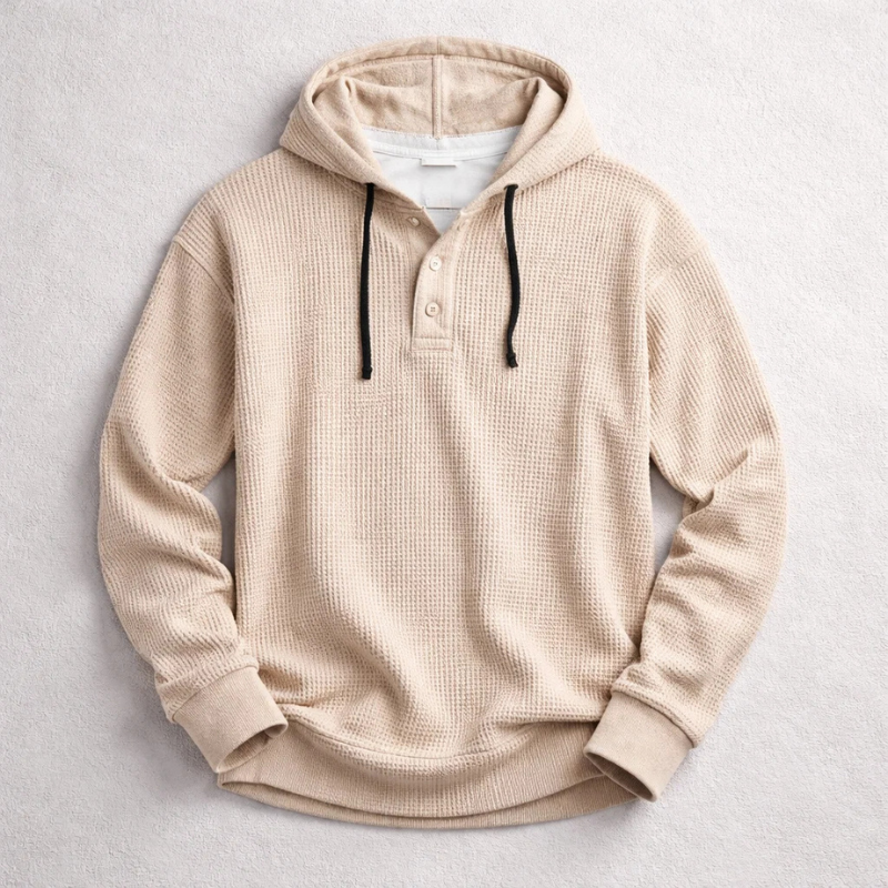 Waffle-knit henley hoodie with drawstring hood, button placket and long sleeves