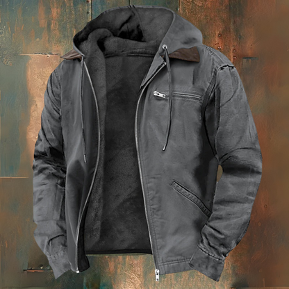 Men's hooded zip-up jacket with long sleeves, drawstring hood and multiple zipped pockets