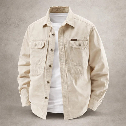 Men's long-sleeve utility overshirt jacket with pointed collar, button front and four pockets
