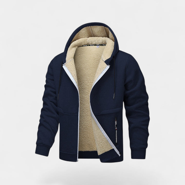 Men's hooded zip cardigan with fleece-style lining and ribbed trims