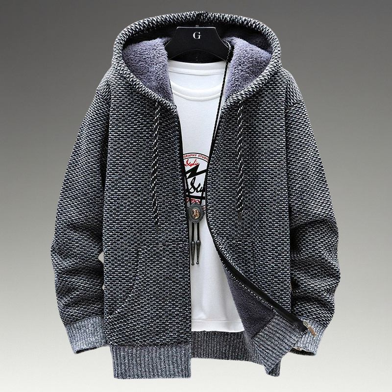 Textured knitted zip hoodie with drawstring hood, long sleeves and front pockets