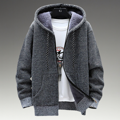 Textured knitted zip hoodie with drawstring hood, long sleeves and front pockets