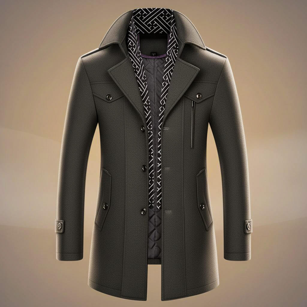 Men's long structured coat with notched lapels, patterned trim, buttons and multiple pockets
