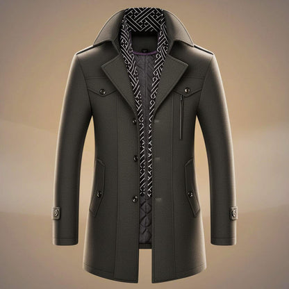 Men's long structured coat with notched lapels, patterned trim, buttons and multiple pockets