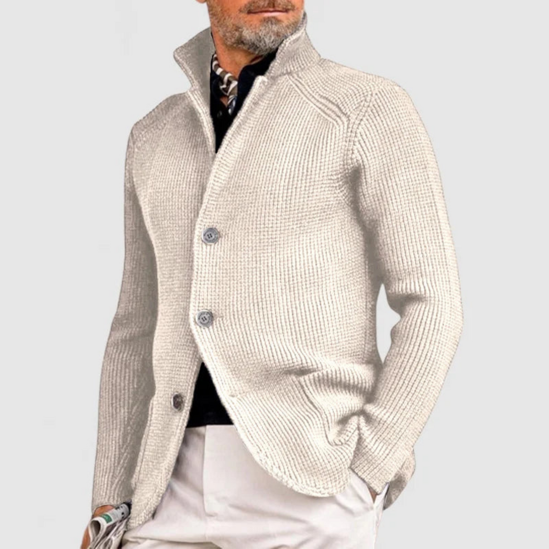 Men's knit cardigan with stand collar, buttons and patch pockets