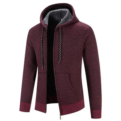 Men's textured knit hooded cardigan with full-zip front and front pockets