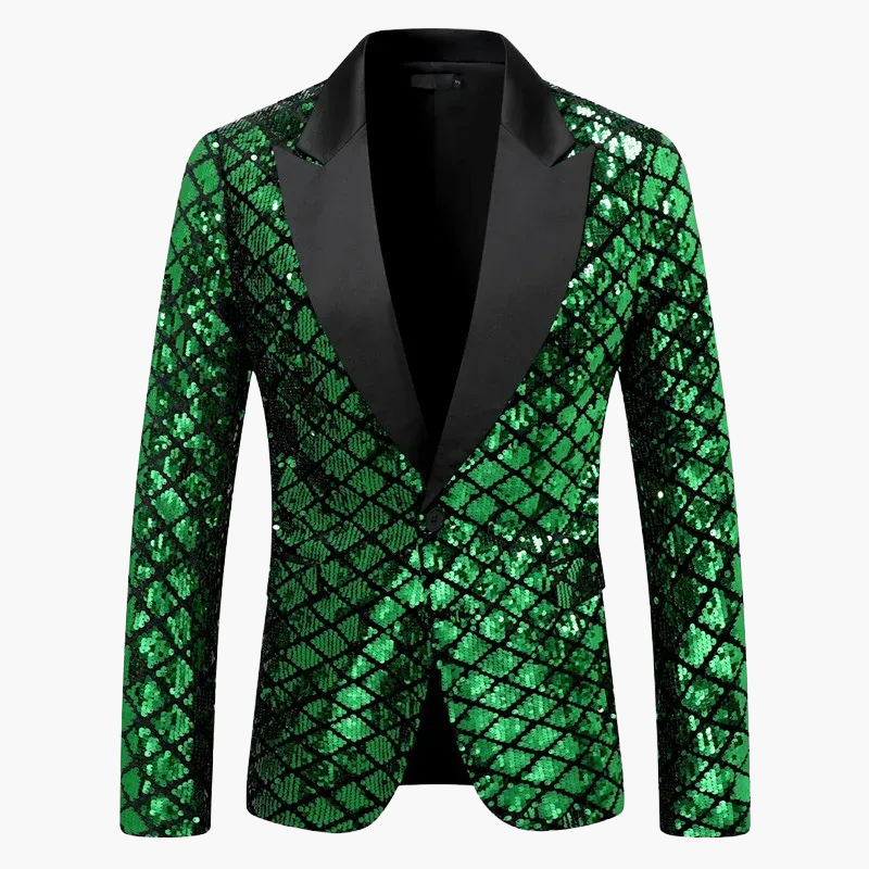 Men's geometric diamond sequin blazer with peaked lapels and long sleeves