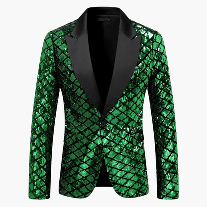 Men's geometric diamond sequin blazer with peaked lapels and long sleeves