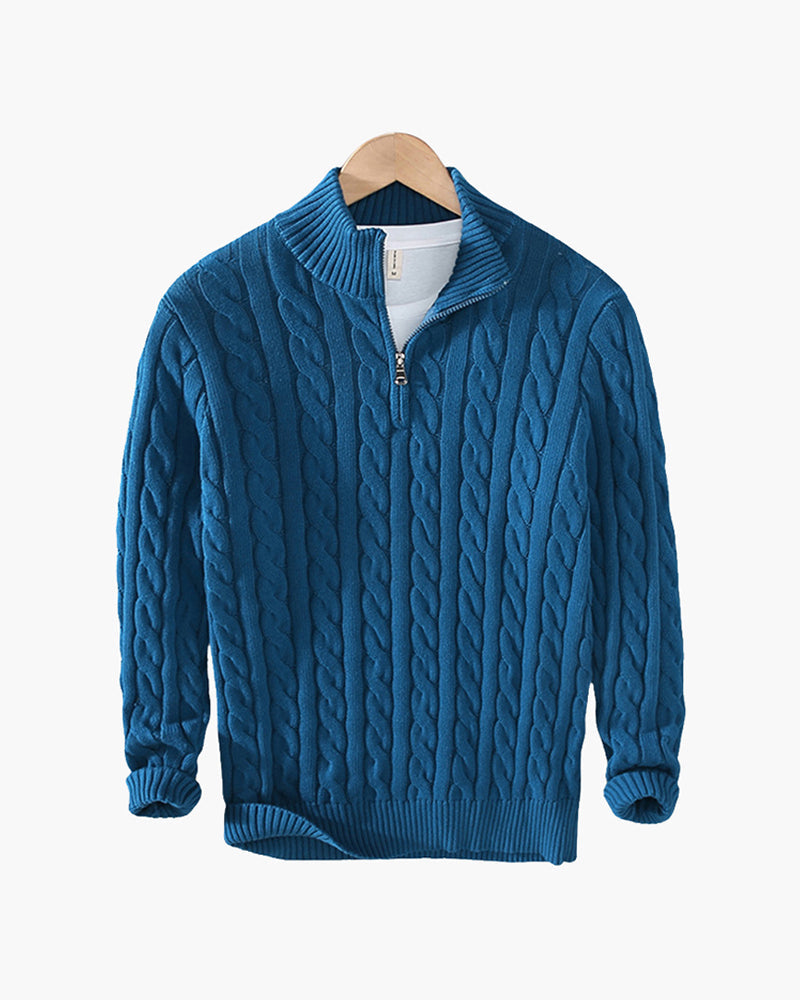 Cable-knit half-zip sweater with ribbed mock neck, cuffs and hem