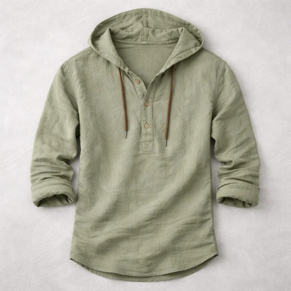 Long-sleeve hooded Henley shirt with button placket and curved hem
