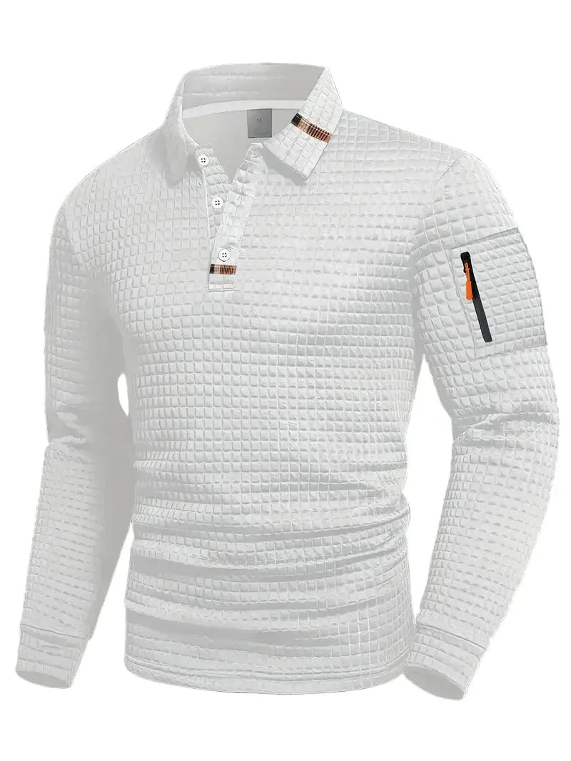 Men's long-sleeve quilted polo shirt with button placket and zipped sleeve pocket