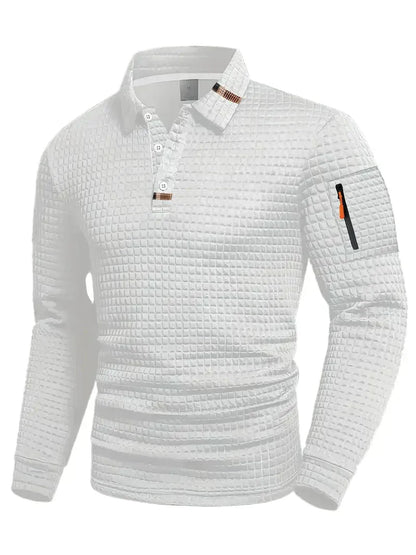 Men's long-sleeve quilted polo shirt with button placket and zipped sleeve pocket