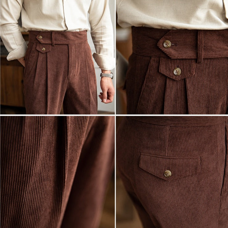 Men's corduroy pleated trousers with high-rise wide legs