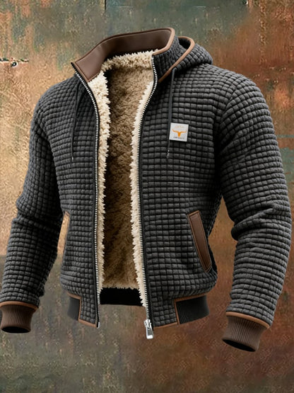 Men's textured quilted hooded jacket with full-zip front and plush contrasting lining