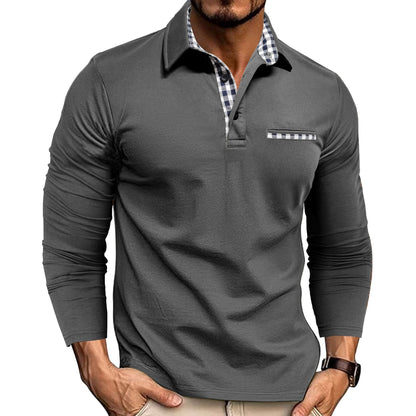 Men's long sleeve polo shirt with checked collar trim and button placket