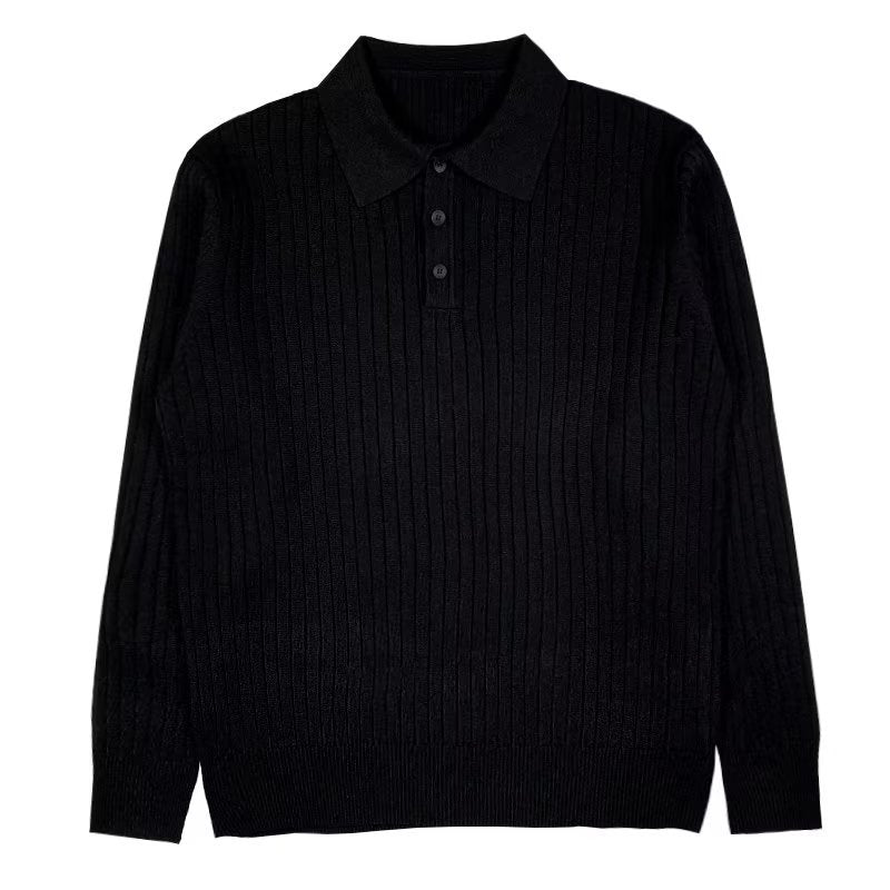 Men's ribbed long-sleeve polo sweater with collared neckline and button placket