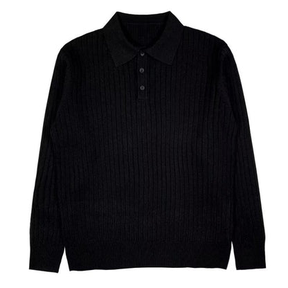 Men's ribbed long-sleeve polo sweater with collared neckline and button placket