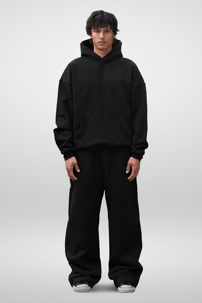 Men's black hooded sweatshirt with long sleeves and front pouch pocket