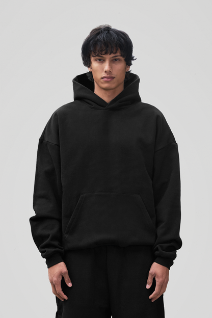 Men's black hooded sweatshirt with long sleeves and front pouch pocket