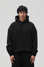 Men's black hooded sweatshirt with long sleeves and front pouch pocket