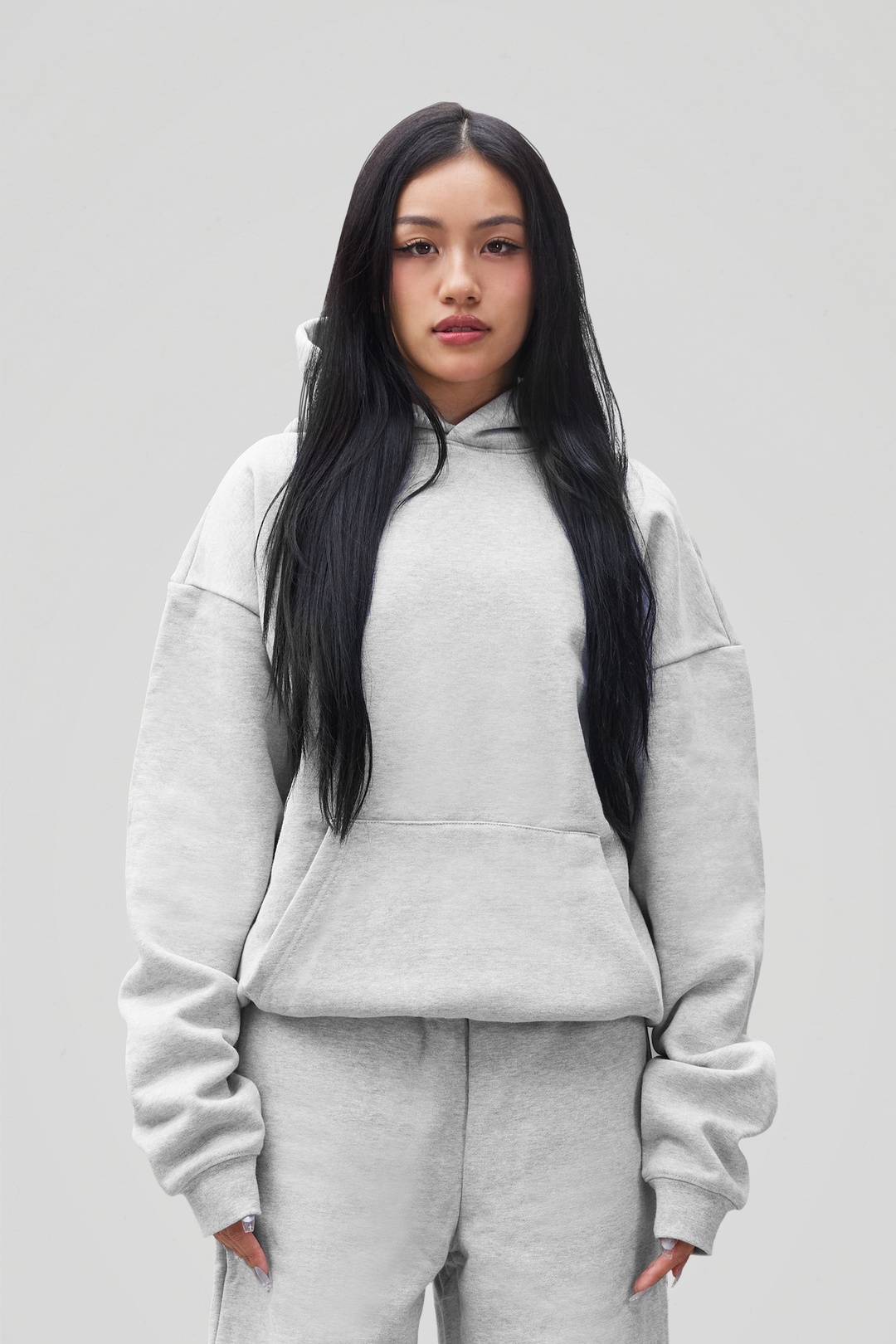 Unisex heather grey 600 GSM hoodie with long sleeves
