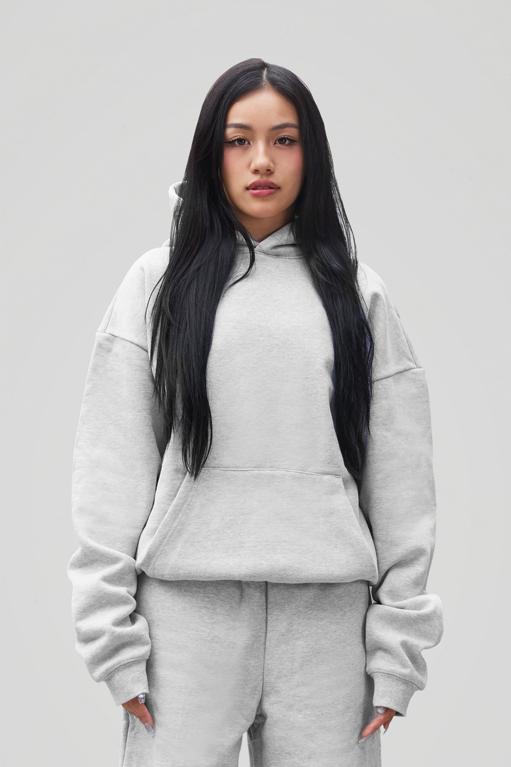Unisex heather grey 600 GSM hoodie with long sleeves