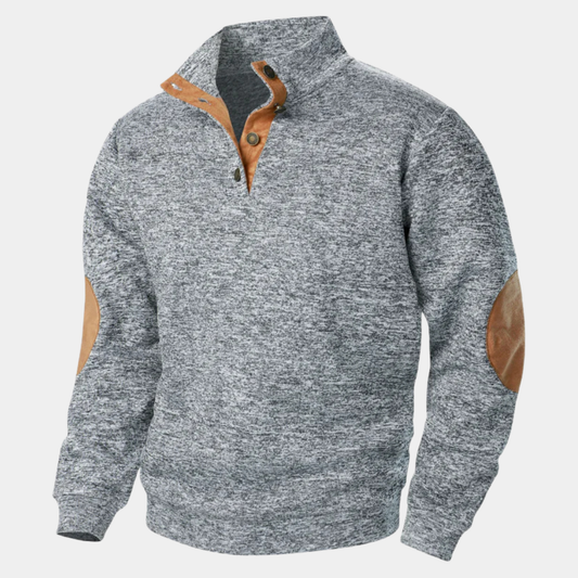 Men's textured knitted sweater with stand collar and contrasting elbow patches