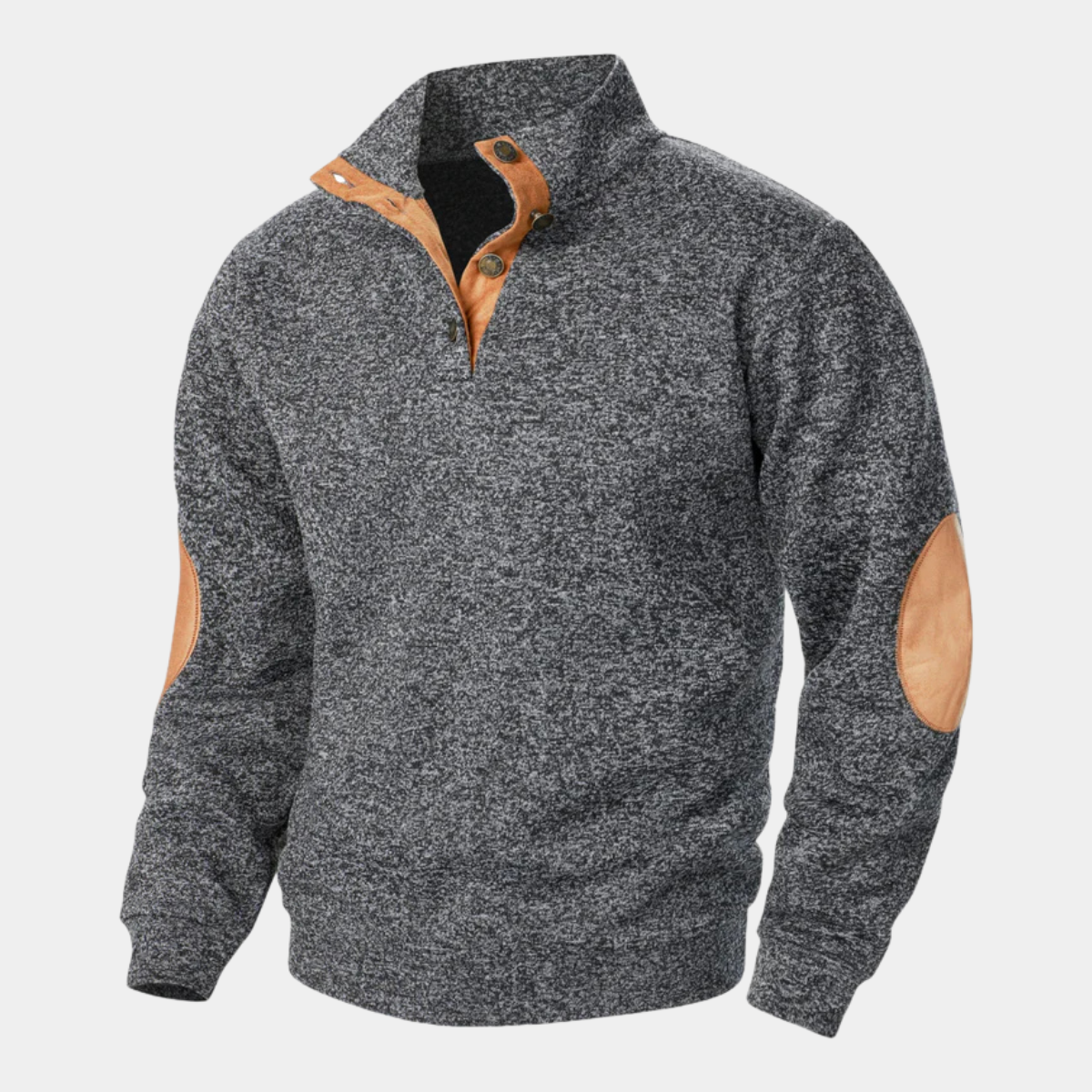 Men's textured knitted sweater with stand collar and contrasting elbow patches