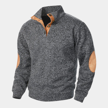 Men's textured knitted sweater with stand collar and contrasting elbow patches